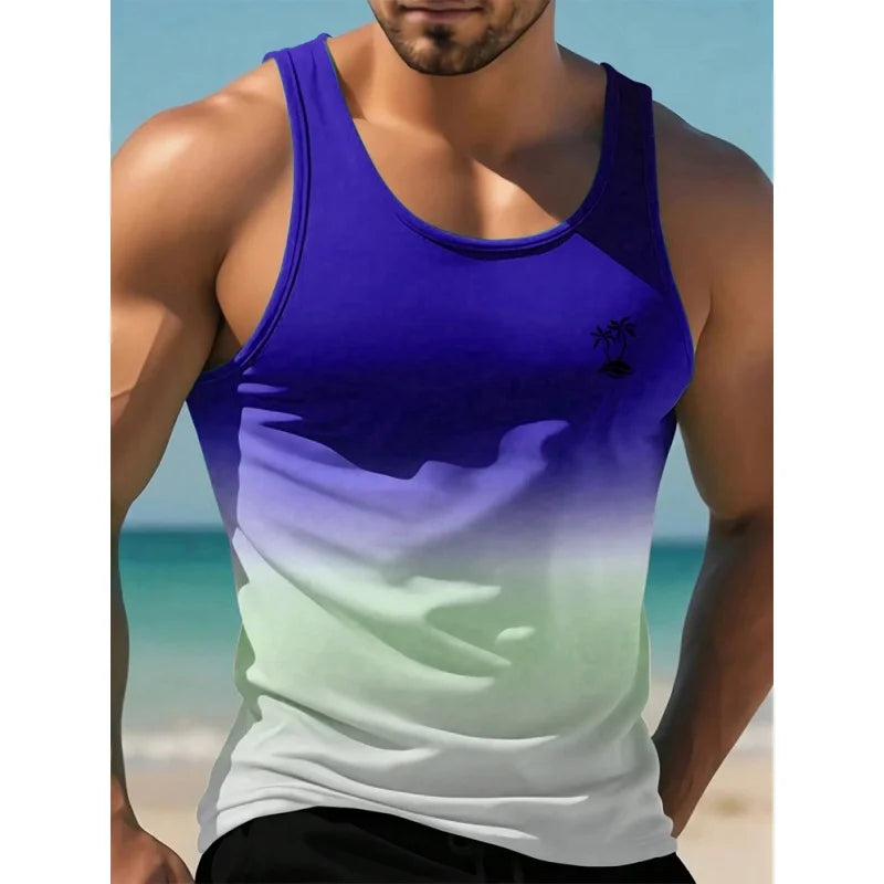 Men's Coconut Tree Print Tank Top | Colorful Gradient 3D Tee | Summer Casual Streetwear Vest