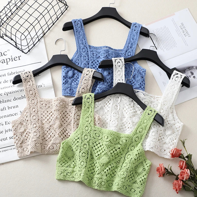 Women's Crochet Crop Top | Square Neck Backless Knit Vest
