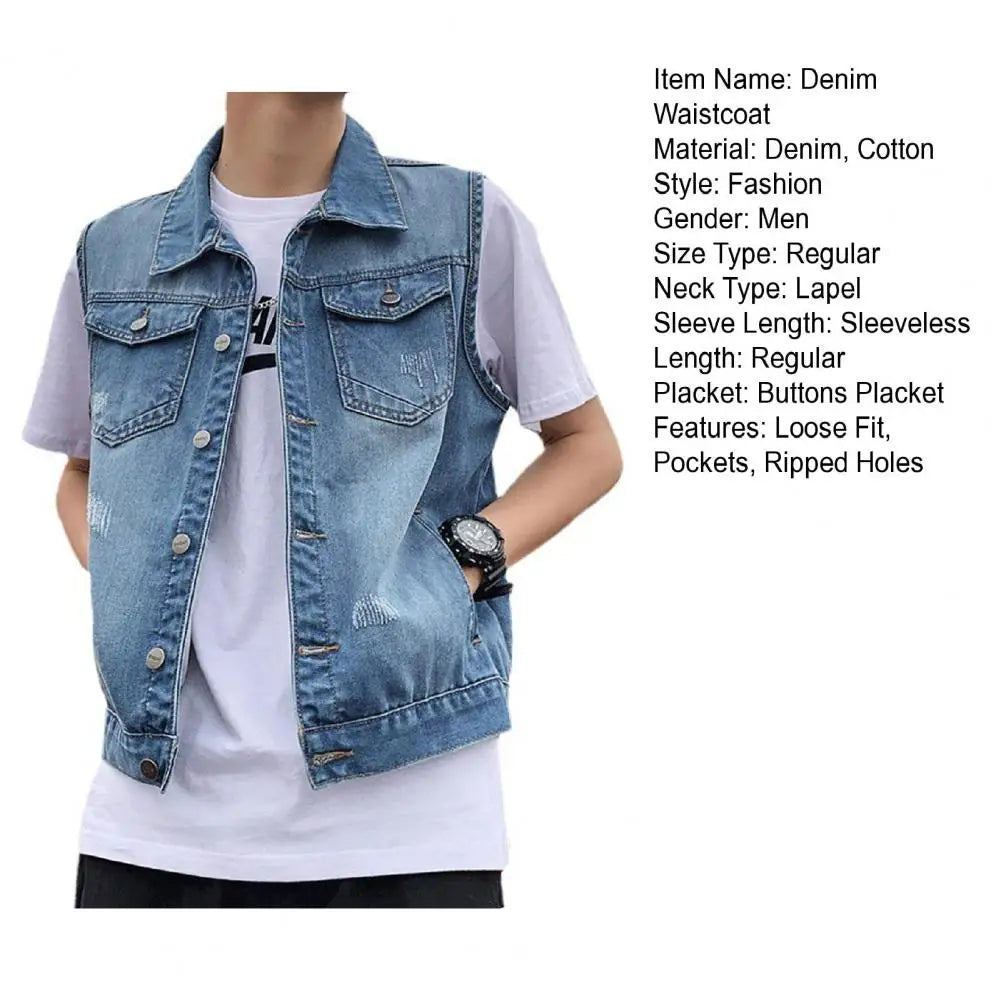 Men's Ripped Denim Vest – Sleeveless Waistcoat with Pockets & Lapel Collar