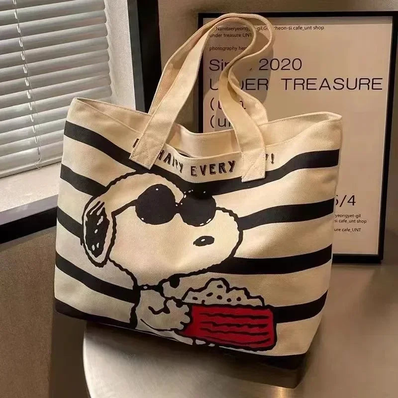 Snoopy Canvas Tote Bag – Large Capacity Zipper Shoulder Bag for School & Daily Use