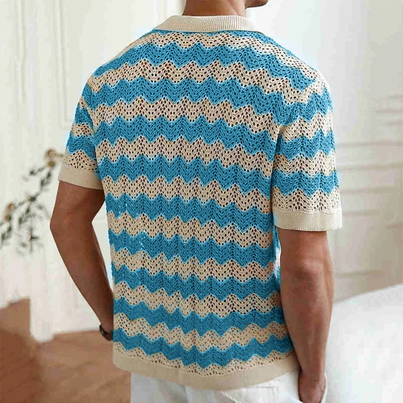 Men's Striped Crochet Knit Cardigan Shirt – Hollow-Out Lapel Button-Up Beach Top