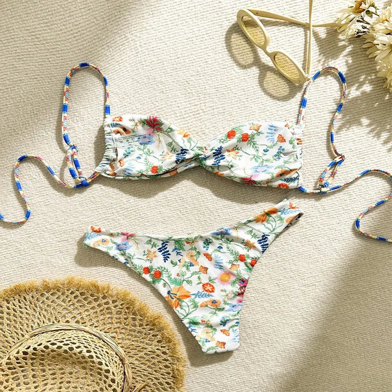 Women's Green Floral Bikini Set – Front Bow Push-Up Micro Swimsuit