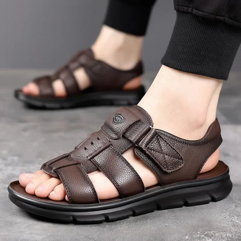 Men's Genuine Leather Sandals – Non-Slip Casual Beach & Outdoor Shoes