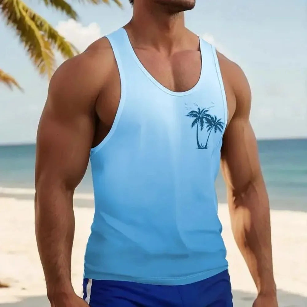Men's Hawaiian Coconut Tree 3D Print Vest – Oversized Sleeveless Beach Streetwear