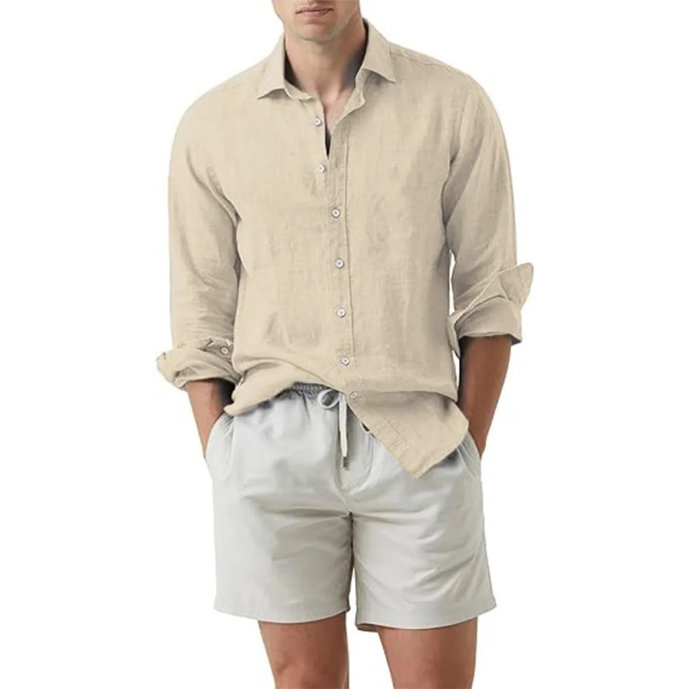 Men's Cotton Linen Long Sleeve Beach Shirt | Slim Fit Cardigan Style Turn-Down Collar