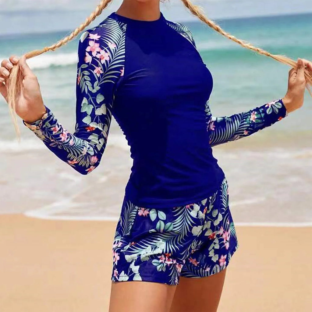 Women's Long Sleeve Two-Piece Surf Swimsuit | Floral Print Rash Guard Set