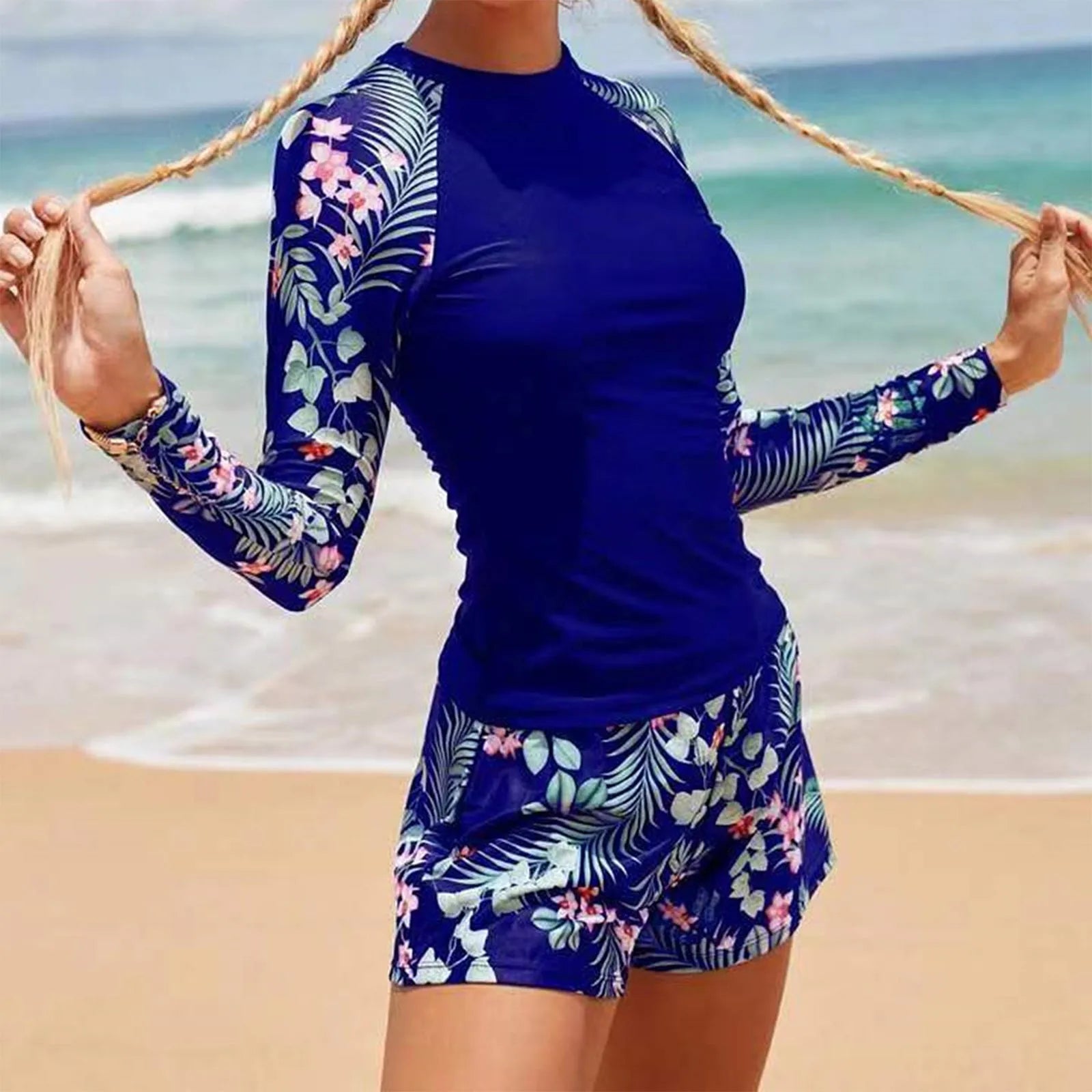 Women's Long Sleeve Two-Piece Surf Swimsuit | Floral Print Rash Guard Set