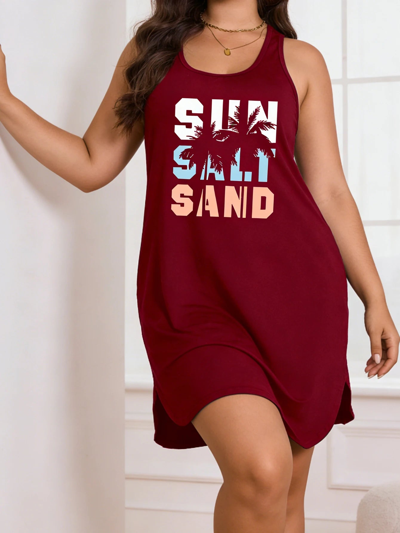 Women's Plus Size Palm Tree Print Casual Dress – Loose Fit Sleeveless Knee-Length Beach Vacation Dress (L-4XL)