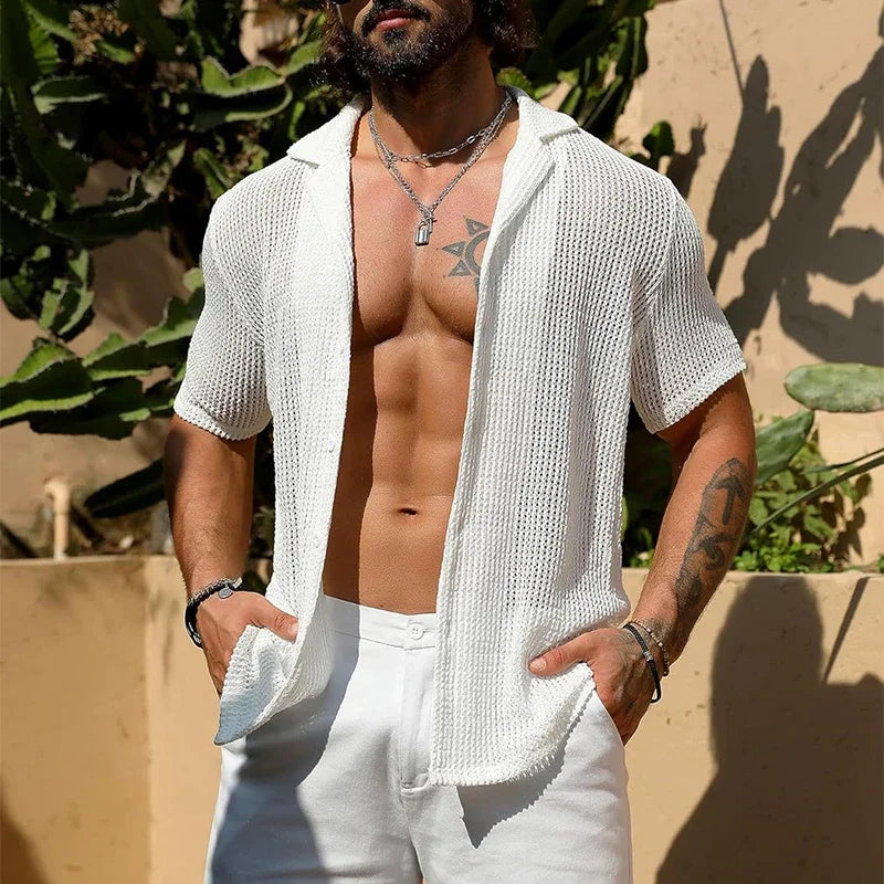 Men's Hollow Knit Beach Shirt – Breathable Short Sleeve Button-Up