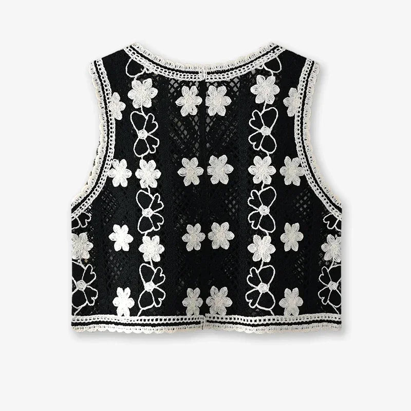 Floral Crochet Vest Top – Sheer Button-Front Sleeveless Jacket