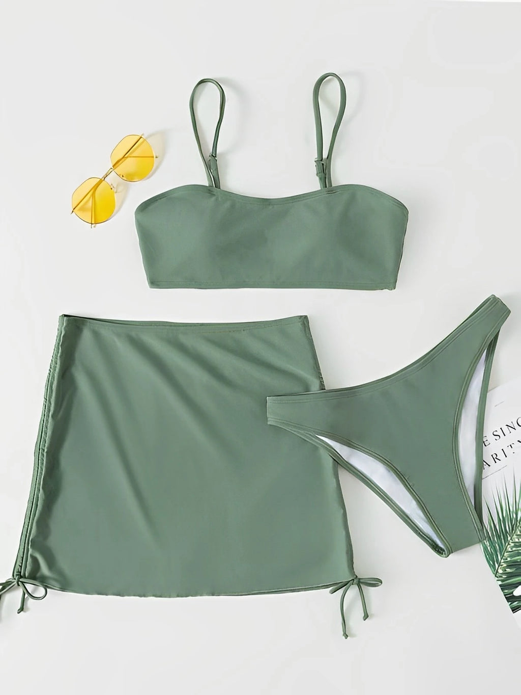 3-Piece Padded Bikini Set with Drawstring Skirt – Women's Solid Swimsuit