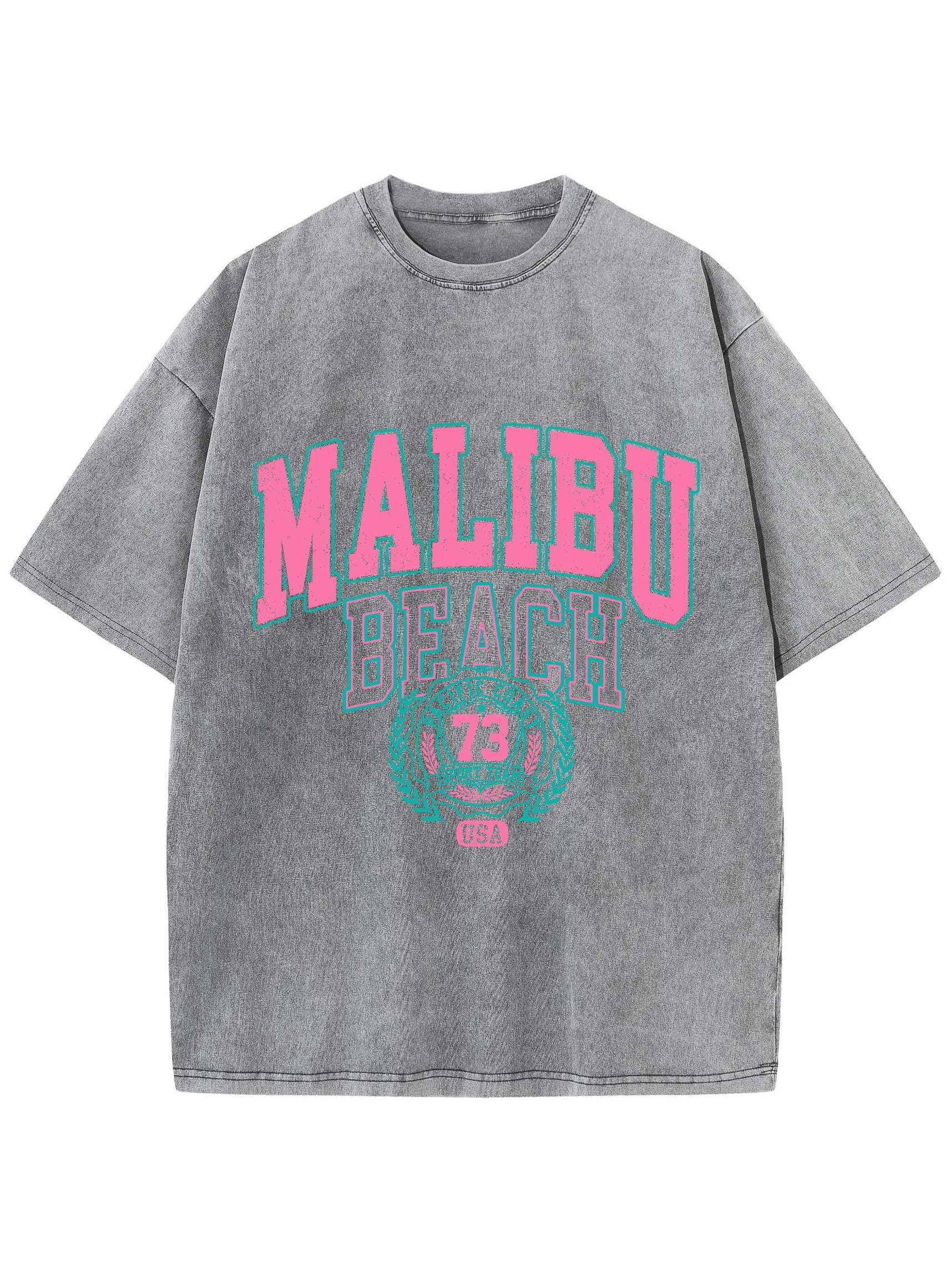 Women's Malibu Beach Washed Oversized T-Shirt – Letter Print 100% Cotton Crewneck Casual Tee (XS-XXL, 17 Colors)