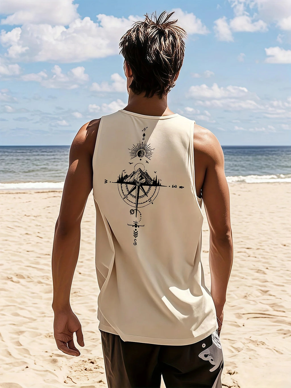 Men's Compass & Mountain Print Tank Top – Loose Fit Breathable Sleeveless Vest for Sports, Travel & Summer (S-XXL)