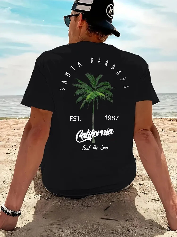 California Beach Coconut Print T-Shirt – Men's Loose Fit Cotton Tee