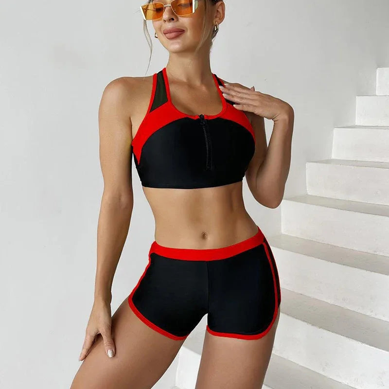 Women's Sporty Zipper Bikini Set – High-Waist Padded Two-Piece Swimsuit