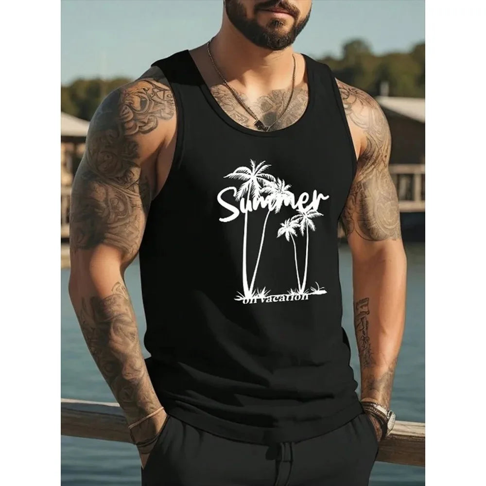 Men's Hawaiian Coconut Tree 3D Print Vest – Oversized Sleeveless Beach Streetwear