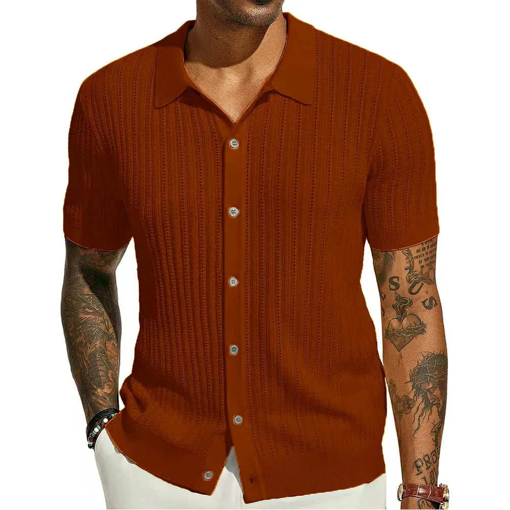 Men's Short-Sleeve Knitted Polo Shirt – Casual Loose Fit with Turn-Down Collar