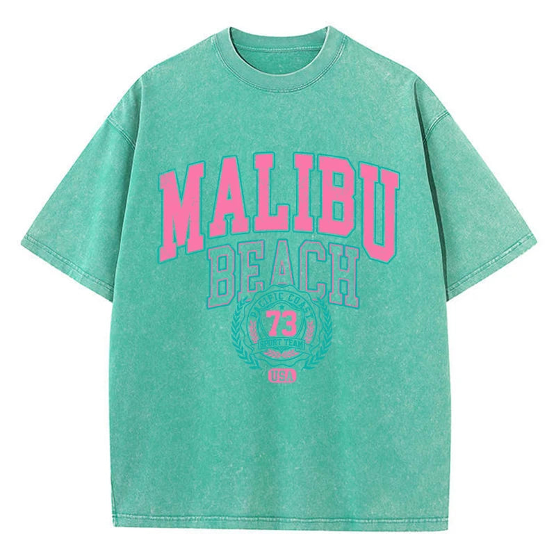 Women's Malibu Beach Washed Oversized T-Shirt – Letter Print 100% Cotton Crewneck Casual Tee (XS-XXL, 17 Colors)