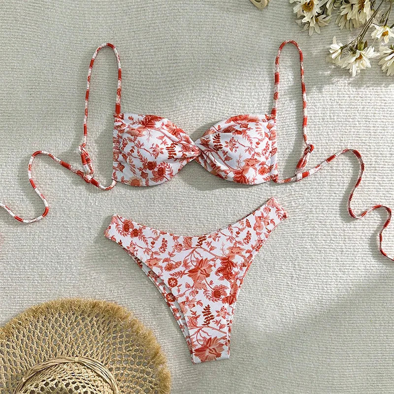 Women's Green Floral Bikini Set – Front Bow Push-Up Micro Swimsuit