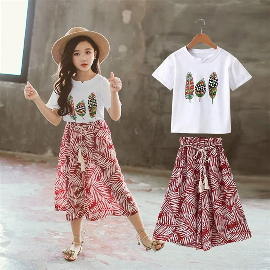 Girls Summer Clothing Set – Short Sleeve Top & Pants (Sizes 4T–13T)