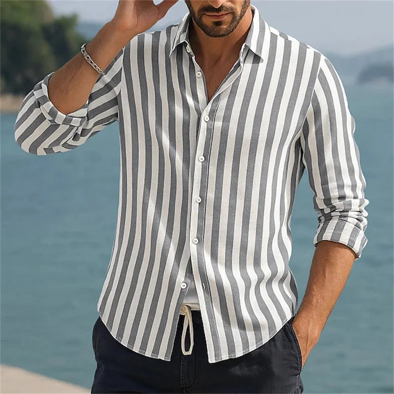 Men's Vertical Stripe Beach Shirt – Long Sleeve Silk-Feel Button-Up Vacation Top
