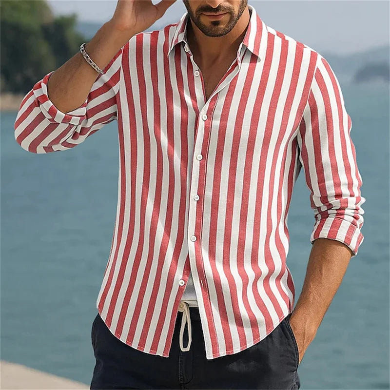 Men's Vertical Stripe Beach Shirt – Long Sleeve Silk-Feel Button-Up Vacation Top