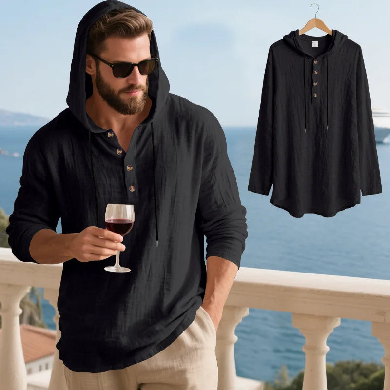 Men's Linen Blend Hooded Long Sleeve Shirt | Breathable Beach Casual Top