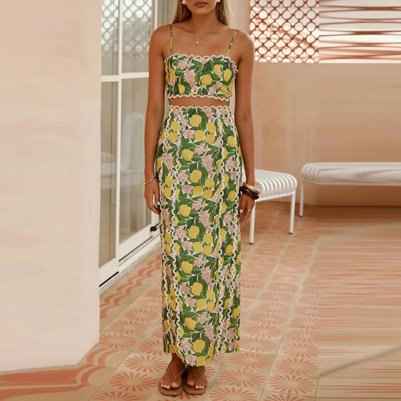 Lemon Print Lace Tank & Skirt Set