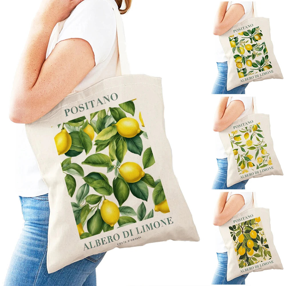 Positano Lemon & Leaves Canvas Tote Bag – Women's Eco Shopper | Italian Summer Handbag
