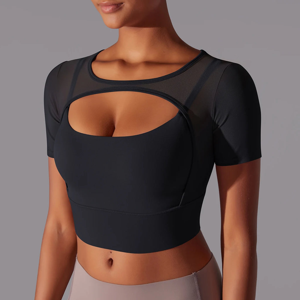 Women's Quick-Dry Mesh Yoga Top – Sexy Short Sleeve Gym Shirt for Running & Fitness