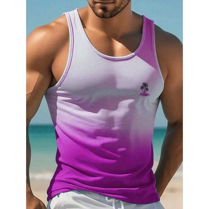 Men's Coconut Tree Print Tank Top | Colorful Gradient 3D Tee | Summer Casual Streetwear Vest