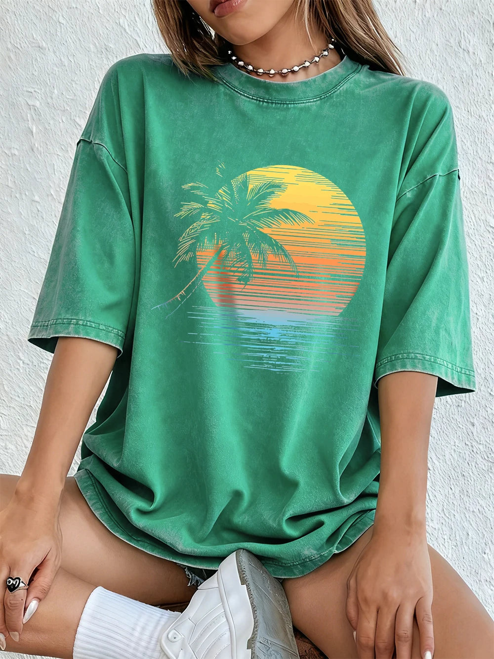Women's Sunset Coconut Tree Washed Cotton T-Shirt | Oversized Summer Tee | Soft Streetwear Top