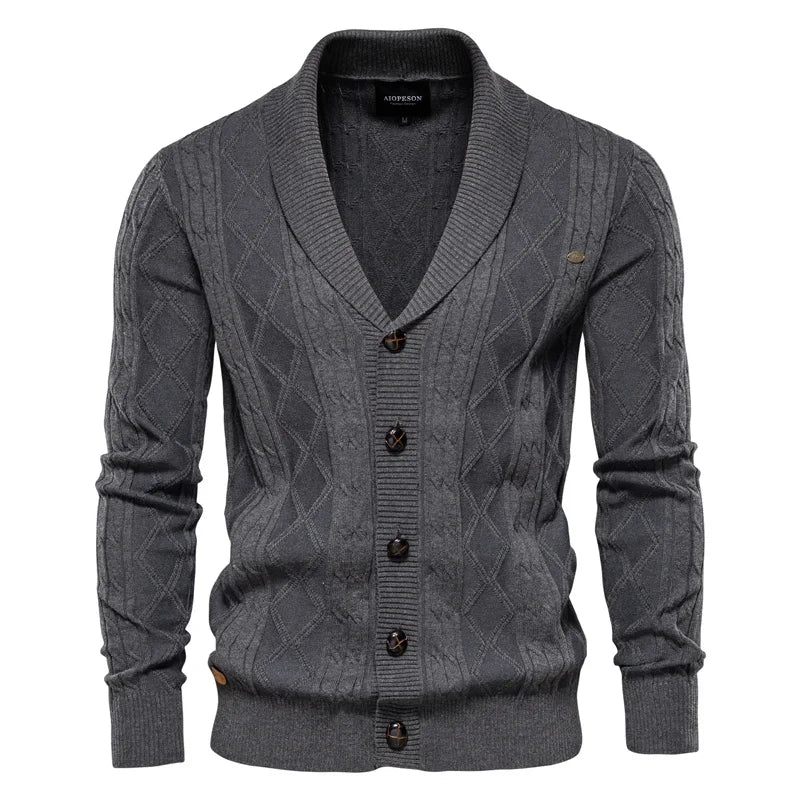 Men's Argyle Cotton Cardigan – Classic V-Neck Button-Up Sweater for Fall & Winter