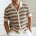 Men's Striped Crochet Knit Cardigan Shirt – Hollow-Out Lapel Button-Up Beach Top