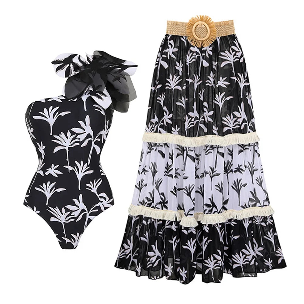 Women's One-Shoulder Swimsuit & Cover-Up Set – Sexy Floral Print Beachwear, Push-Up Bikini & Bodysuit (S-XL)