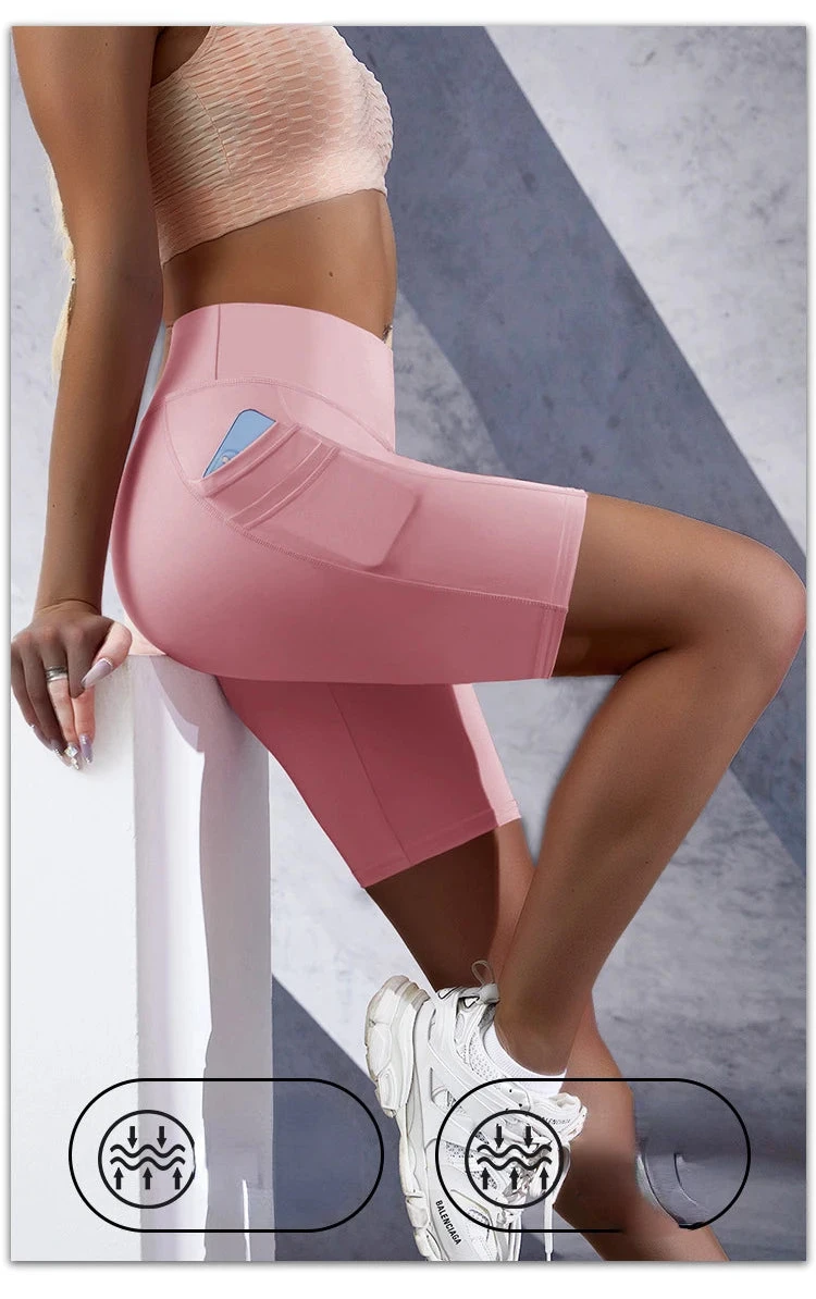 Women's High Waist Sports Shorts with Double Pockets – Slim Fit