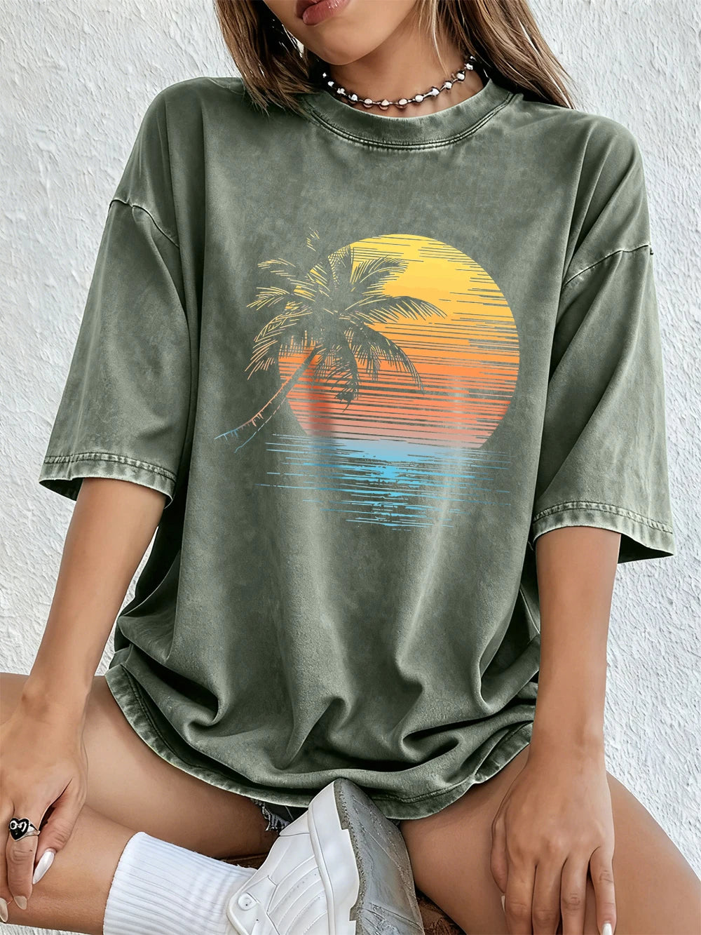 Women's Sunset Coconut Tree Washed Cotton T-Shirt | Oversized Summer Tee | Soft Streetwear Top