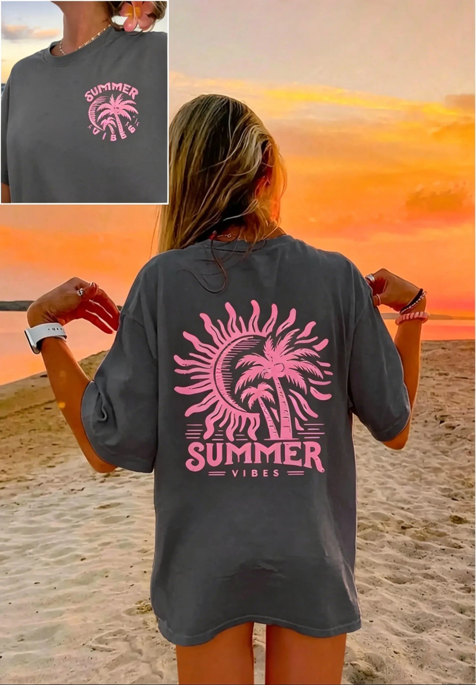 Women's Palm Tree & Sun Print T-Shirt – Casual Beach Vacation Tee