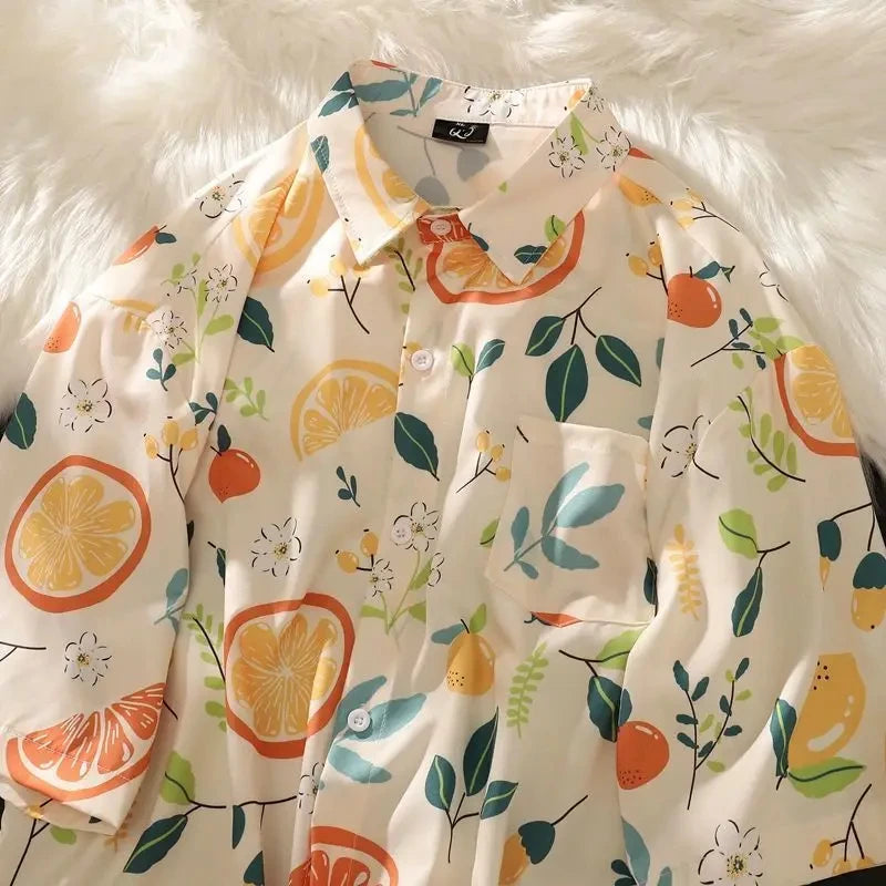3D Fruit Print Button-Up Shirt – Oversized Unisex Streetwear