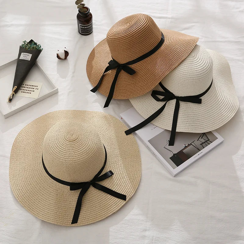 Women's Wide Brim Straw Beach Hat – Foldable Sun Hat with Bow
