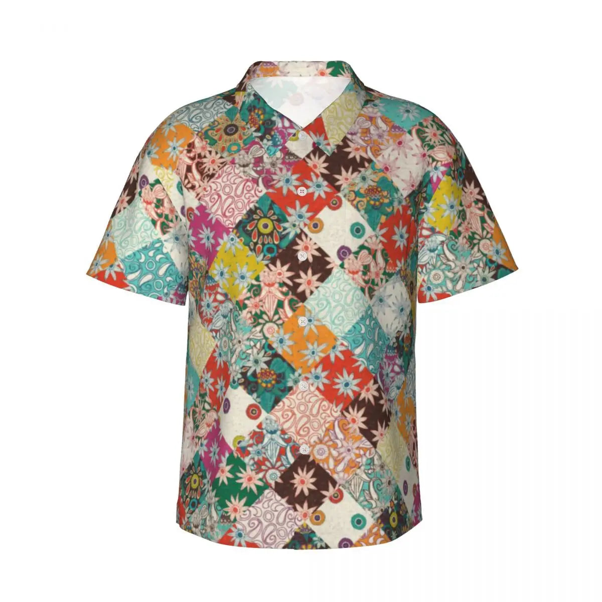 Men's Abstract Patchwork Shirt | Geometric Print Short Sleeve Summer Vacation Top