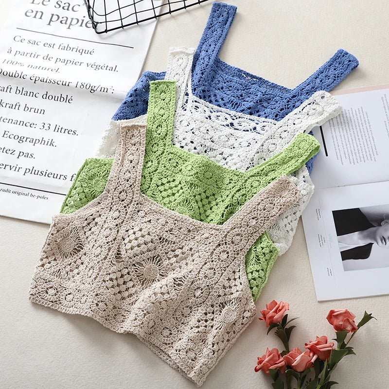 Women's Crochet Crop Top | Square Neck Backless Knit Vest