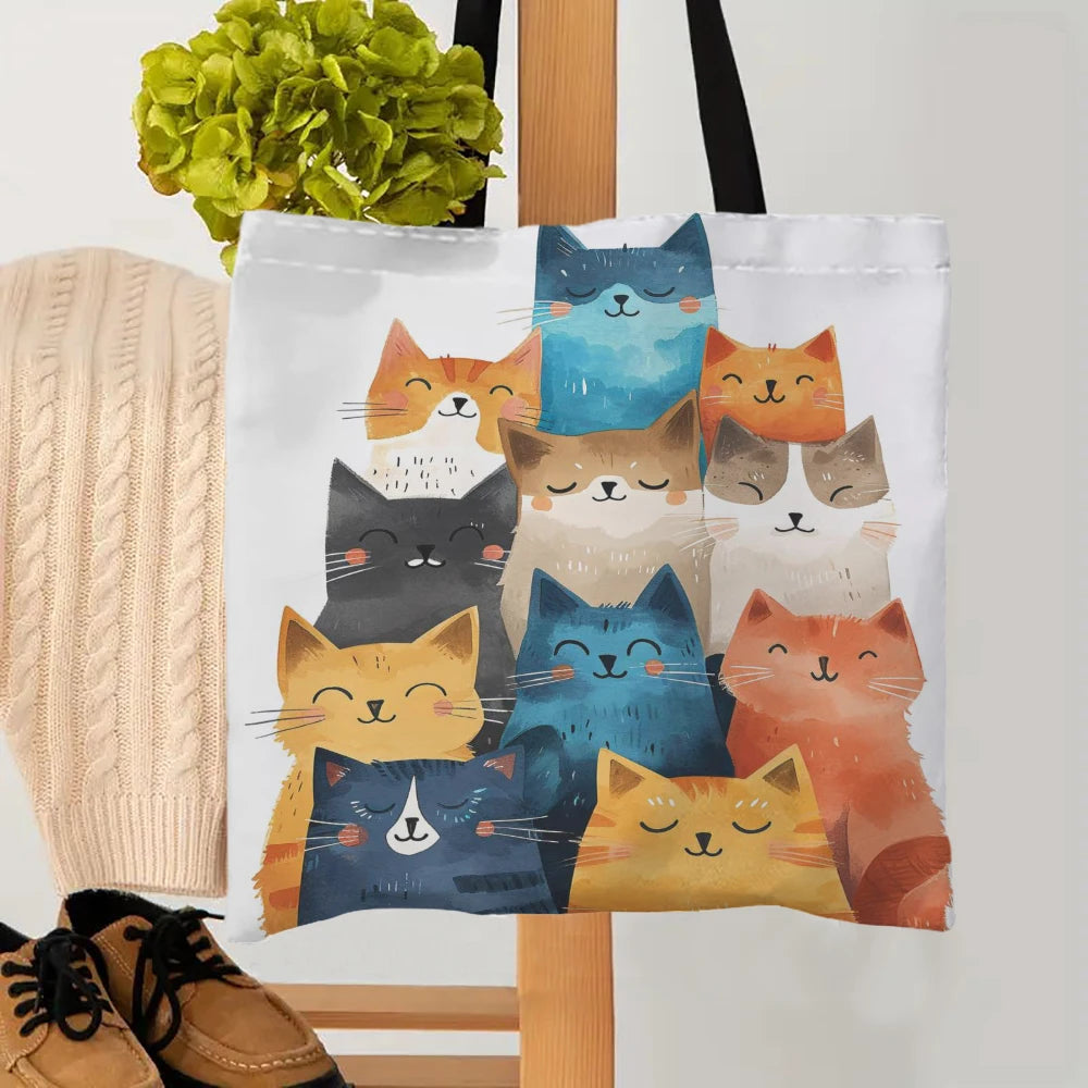 Cat Print Linen Tote Bag – Lightweight Everyday Shoulder & Shopper Bag