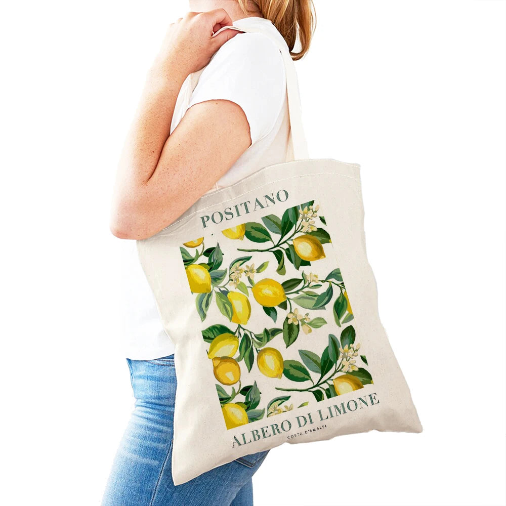 Positano Lemon & Leaves Canvas Tote Bag – Women's Eco Shopper | Italian Summer Handbag