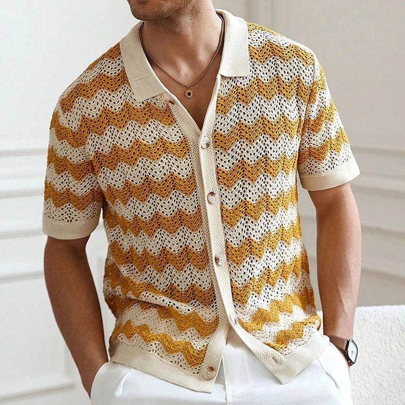 Men's Striped Crochet Knit Cardigan Shirt – Hollow-Out Lapel Button-Up Beach Top