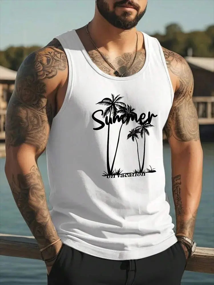 Men's Hawaiian Coconut Tree 3D Print Vest – Oversized Sleeveless Beach Streetwear