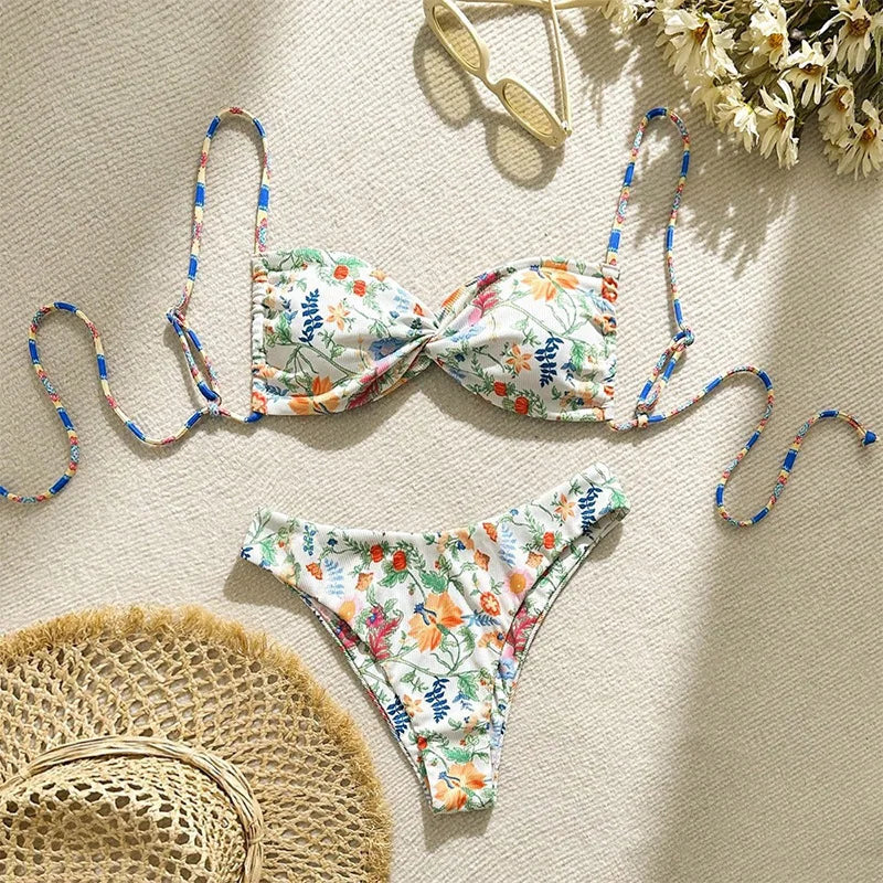 Women's Green Floral Bikini Set – Front Bow Push-Up Micro Swimsuit