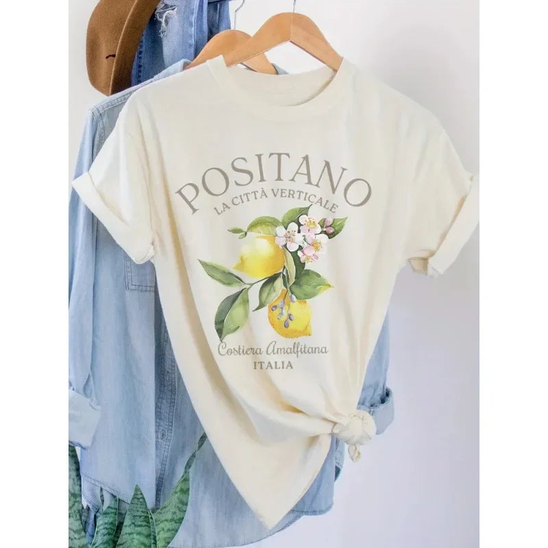 Positano Lemon Print T-Shirt – Unisex Vintage Fruit Graphic Tee | Italian Summer Top