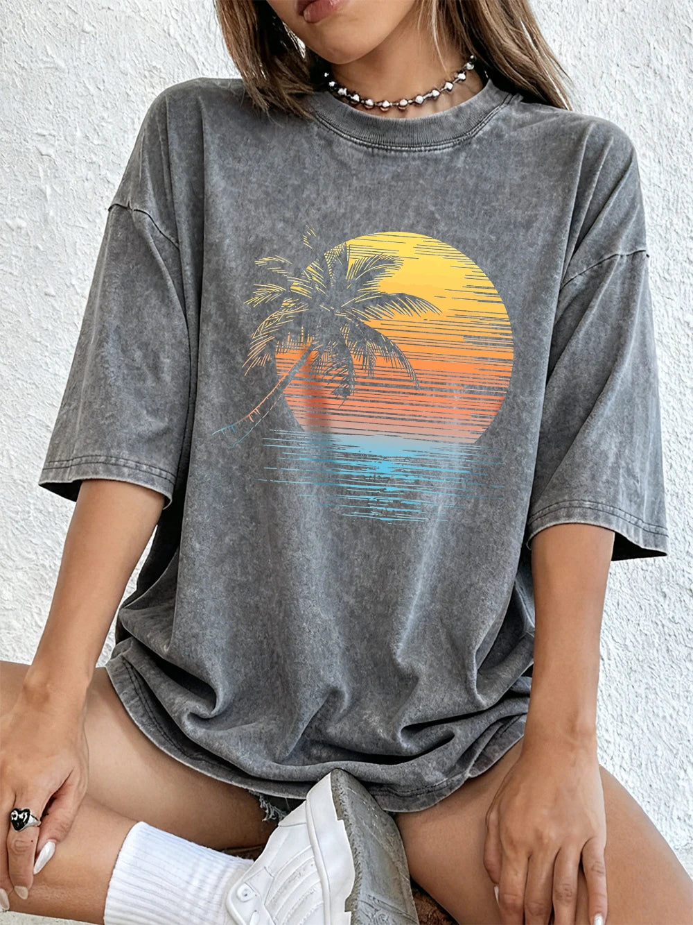 Women's Sunset Coconut Tree Washed Cotton T-Shirt | Oversized Summer Tee | Soft Streetwear Top