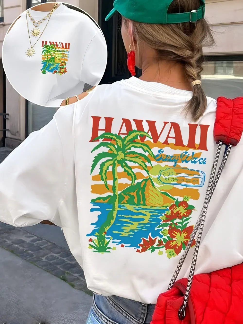 Women's Hawaii Graphic T-Shirt | Tropical Beach Vacation Print Tee | Retro Harajuku Summer Top